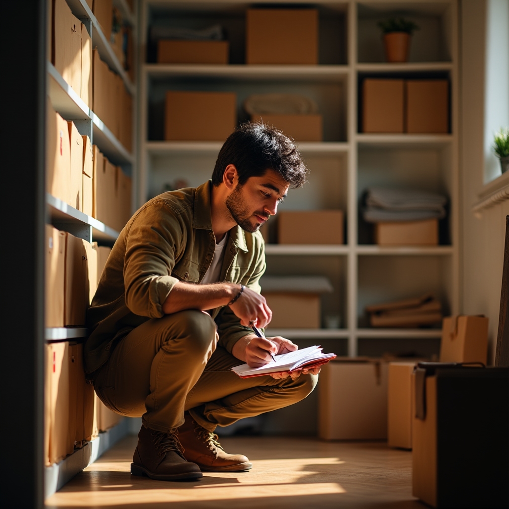 Consulente che prende note durante la valutazione di uno spazio domestico
